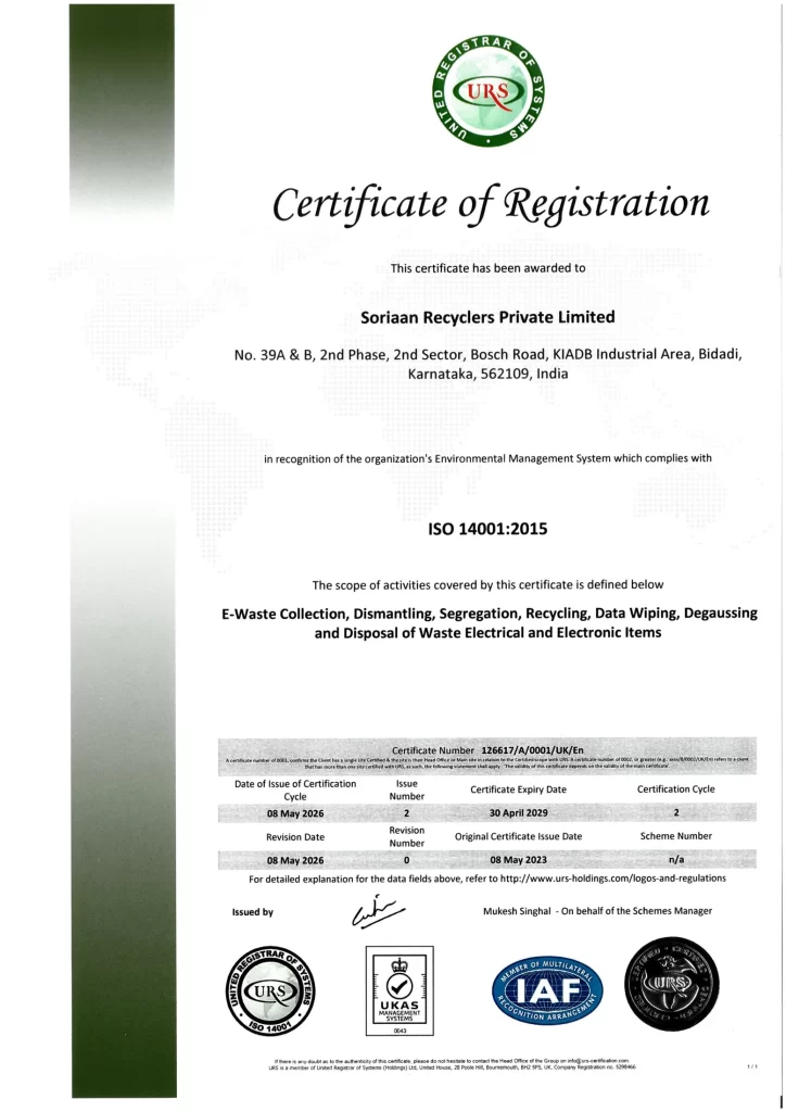Soriaan Recyclers ISO 14001 2015 certification