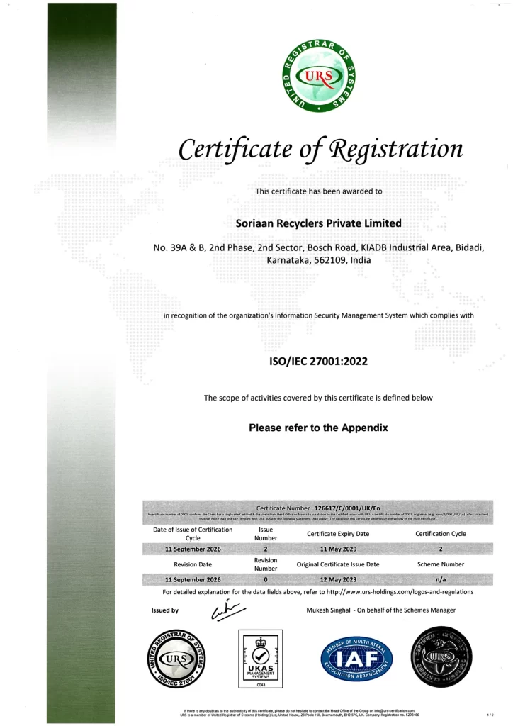Soriaan Recyclers ISO 27001 2022 certification