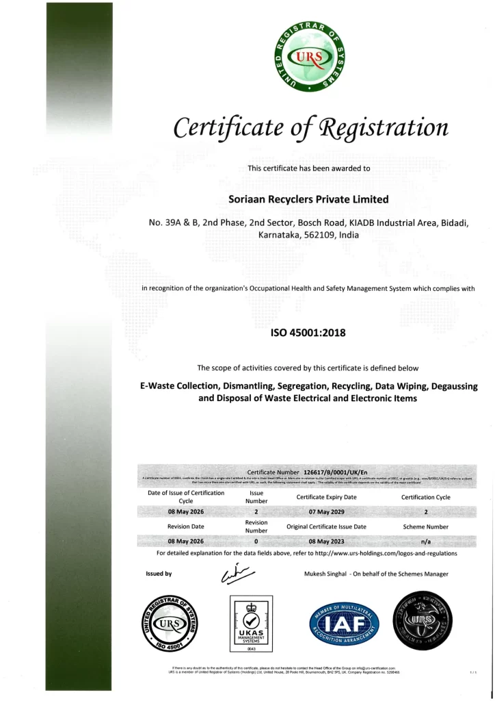 Soriaan Recyclers ISO 45001 2018 certification