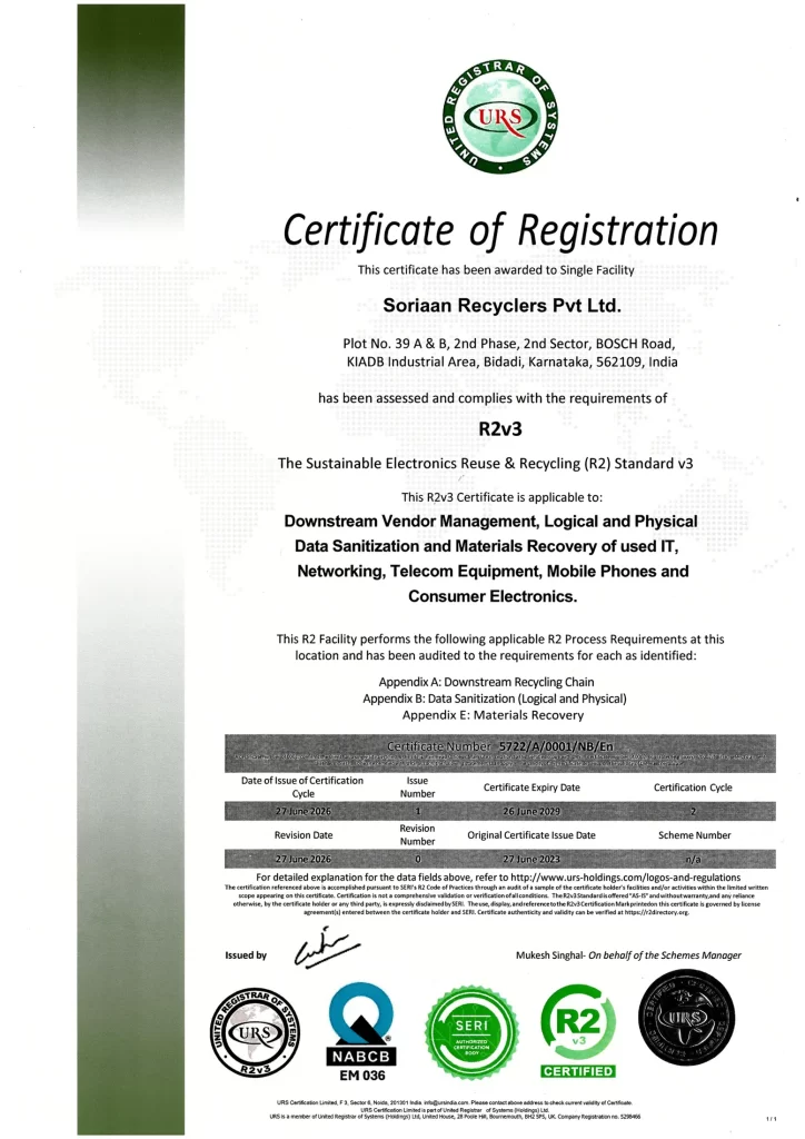Soriaan Recyclers R2v3 certification